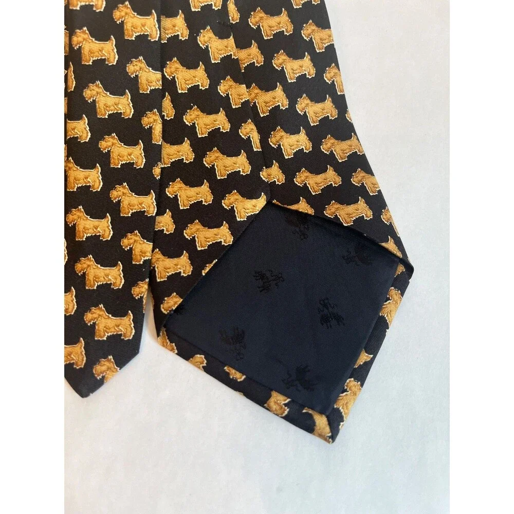 BROOKS BROTHERS Scottie Necktie Black Brown Tan Scottish Terrier Print Silk Tie